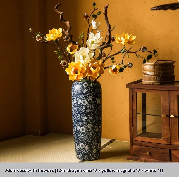 Blue-and-white Floor Vase For Tea Rooms Floral Arrangement Vase With Artificial Flowers