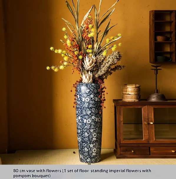 Blue-and-white Floor Vase For Tea Rooms Floral Arrangement Vase With Artificial Flowers