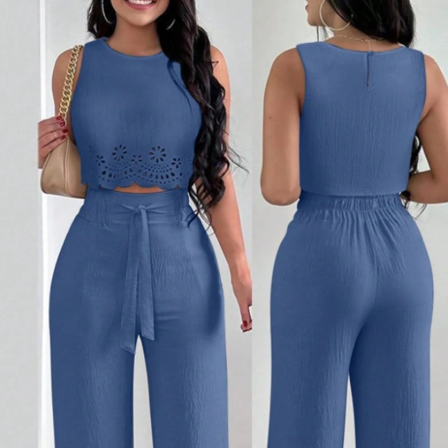 Womens Floral Off-Shoulder Sleeveless Top And Tie-Front Pants Casual Set