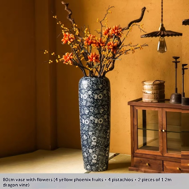 Blue-and-white Floor Vase For Tea Rooms Floral Arrangement Vase With Artificial Flowers