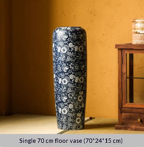 Blue-and-white Floor Vase For Tea Rooms Floral Arrangement Vase With Artificial Flowers