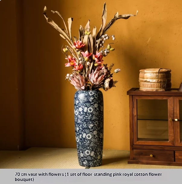 Blue-and-white Floor Vase For Tea Rooms Floral Arrangement Vase With Artificial Flowers