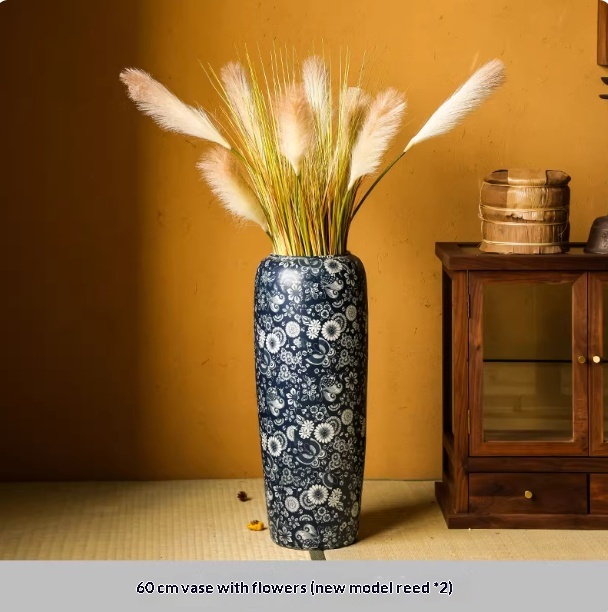 Blue-and-white Floor Vase For Tea Rooms Floral Arrangement Vase With Artificial Flowers