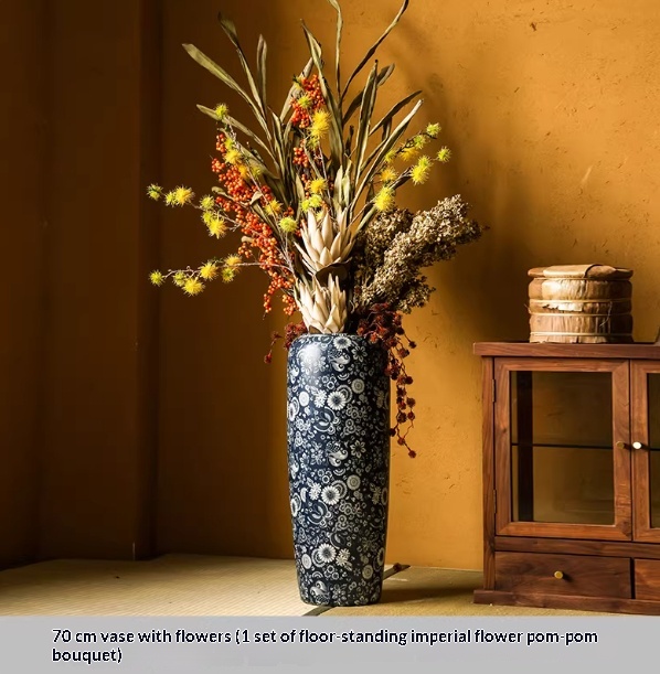 Blue-and-white Floor Vase For Tea Rooms Floral Arrangement Vase With Artificial Flowers