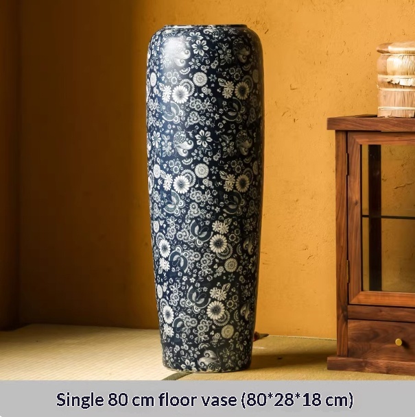 Blue-and-white Floor Vase For Tea Rooms Floral Arrangement Vase With Artificial Flowers