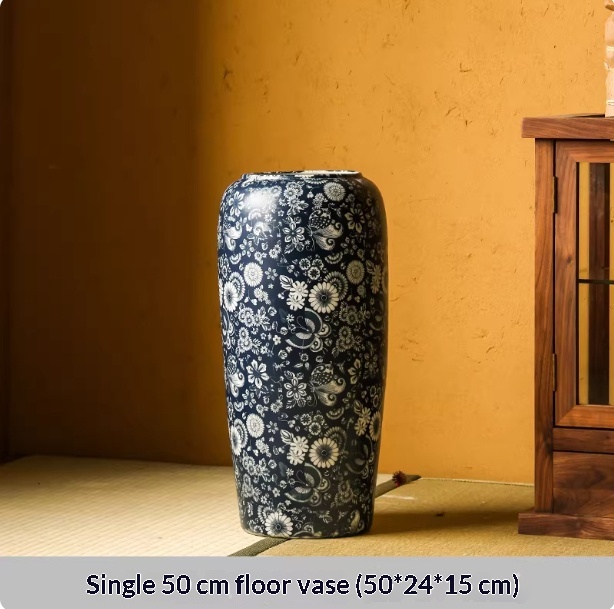 Blue-and-white Floor Vase For Tea Rooms Floral Arrangement Vase With Artificial Flowers