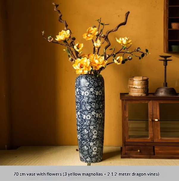 Blue-and-white Floor Vase For Tea Rooms Floral Arrangement Vase With Artificial Flowers