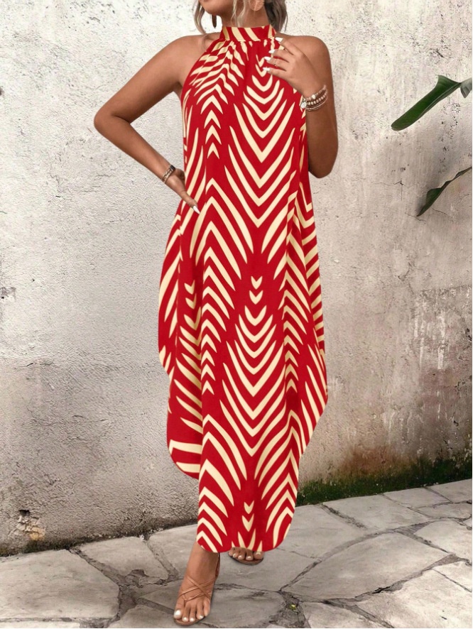 Womens Casual Loose-fit Printed Dress With An Asymmetrical Hem