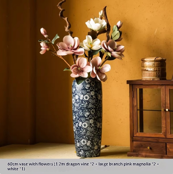 Blue-and-white Floor Vase For Tea Rooms Floral Arrangement Vase With Artificial Flowers