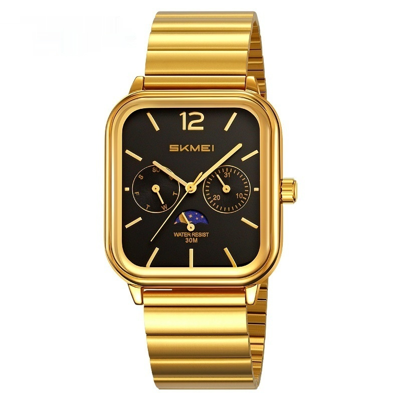 Stylish Multifunctional Square Watch With A Six-hand Moon Phase Display Designed For Business And Featuring Water Resistance
