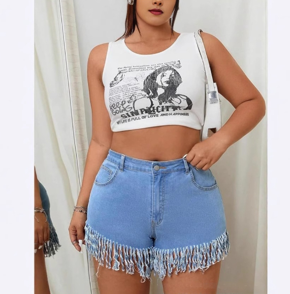Stylish Plus-Size Womens Fringe Straight-Leg Denim Shorts
