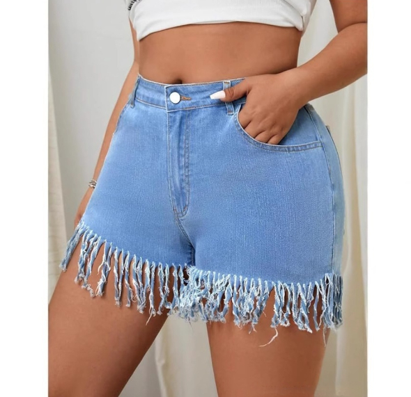 Stylish Plus-Size Womens Fringe Straight-Leg Denim Shorts