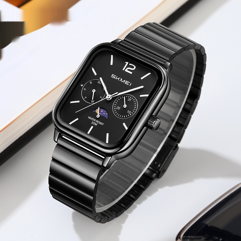 Stylish Multifunctional Square Watch With A Six-hand Moon Phase Display Designed For Business And Featuring Water Resistance