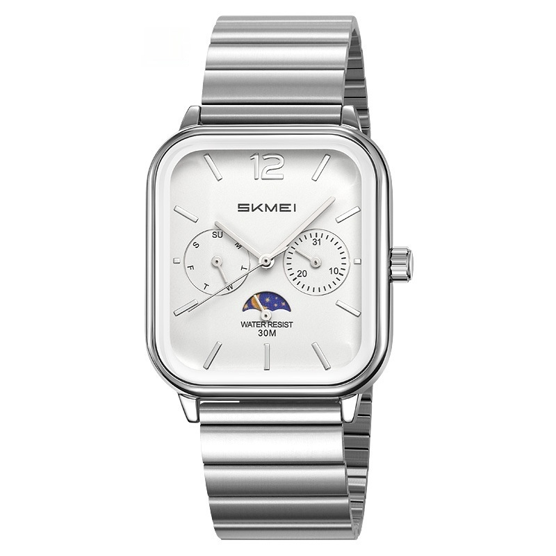 Stylish Multifunctional Square Watch With A Six-hand Moon Phase Display Designed For Business And Featuring Water Resistance