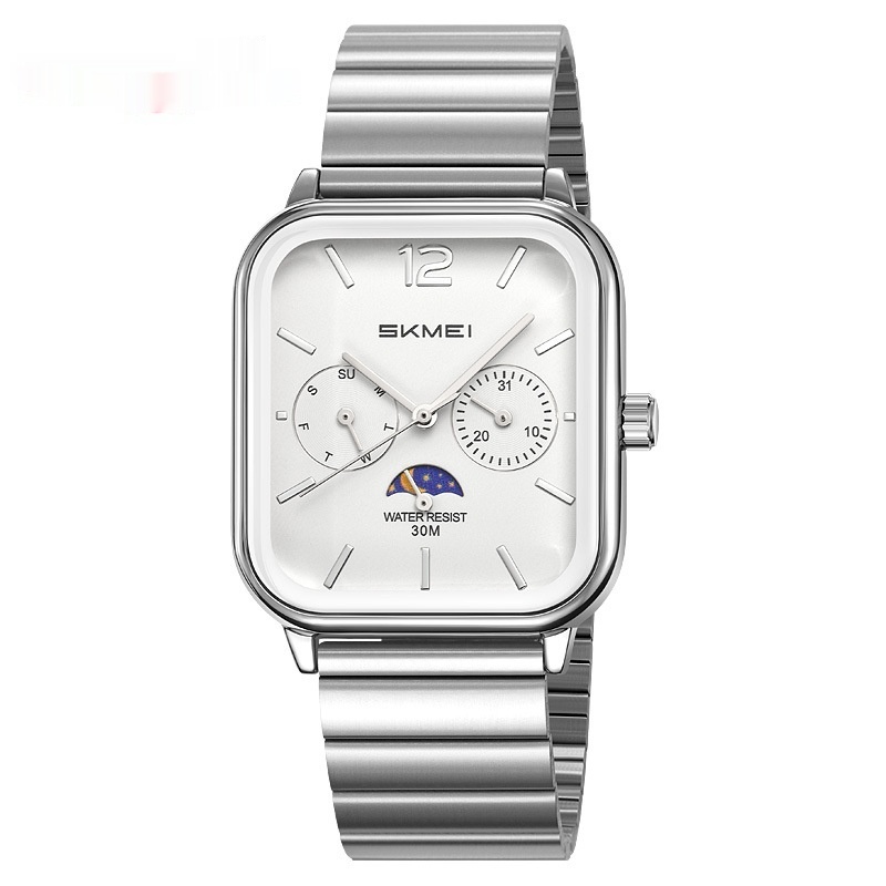 Stylish Multifunctional Square Watch With A Six-hand Moon Phase Display Designed For Business And Featuring Water Resistance