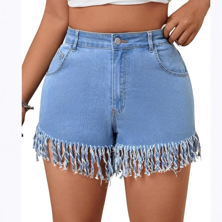 Stylish Plus-Size Womens Fringe Straight-Leg Denim Shorts