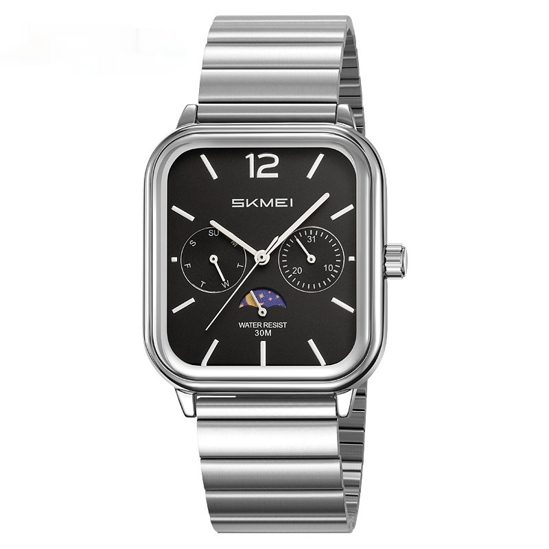 Stylish Multifunctional Square Watch With A Six-hand Moon Phase Display Designed For Business And Featuring Water Resistance