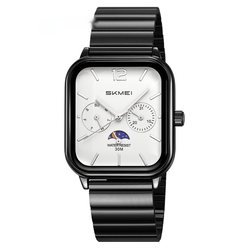 Stylish Multifunctional Square Watch With A Six-hand Moon Phase Display Designed For Business And Featuring Water Resistance