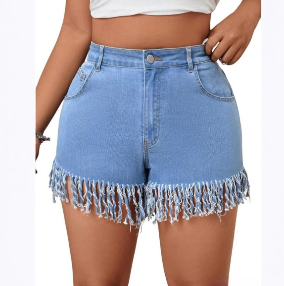 Stylish Plus-Size Womens Fringe Straight-Leg Denim Shorts