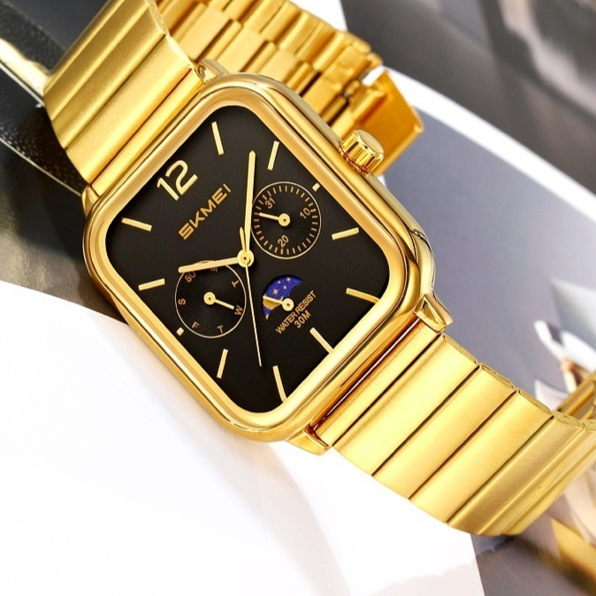 Stylish Multifunctional Square Watch With A Six-hand Moon Phase Display Designed For Business And Featuring Water Resistance
