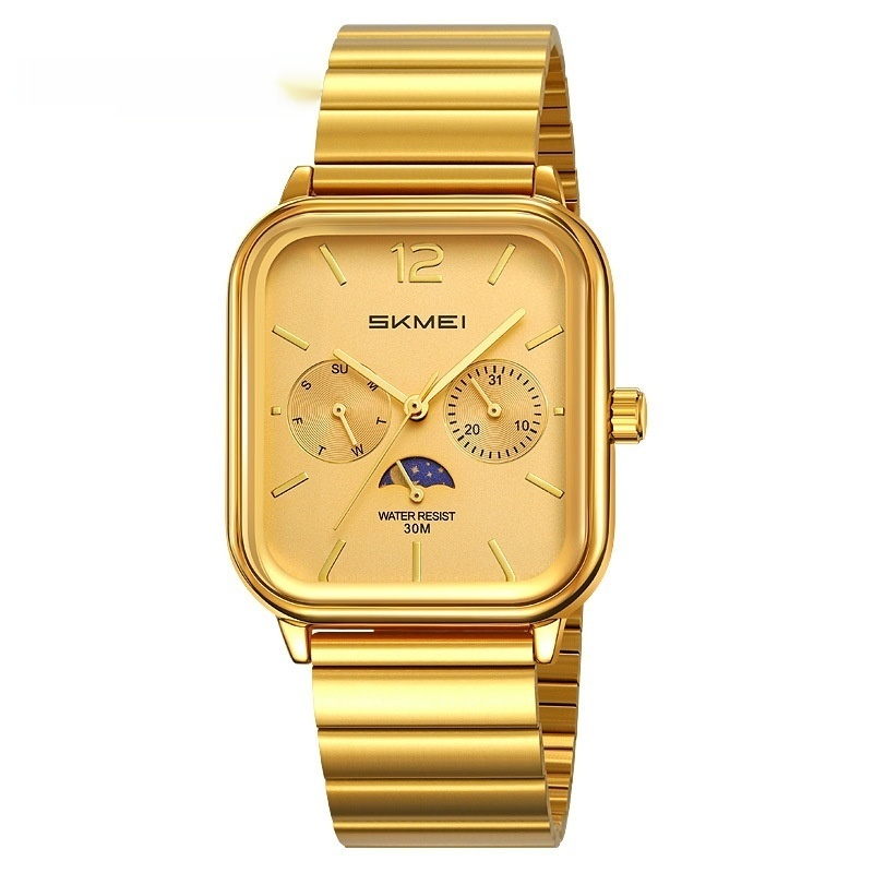 Stylish Multifunctional Square Watch With A Six-hand Moon Phase Display Designed For Business And Featuring Water Resistance