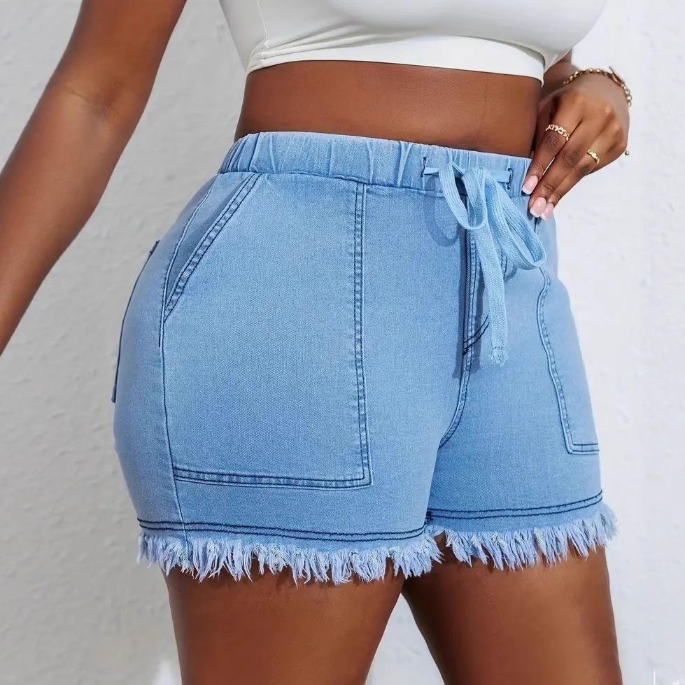 Womens High-Waisted Denim Shorts With Elastic Waistband