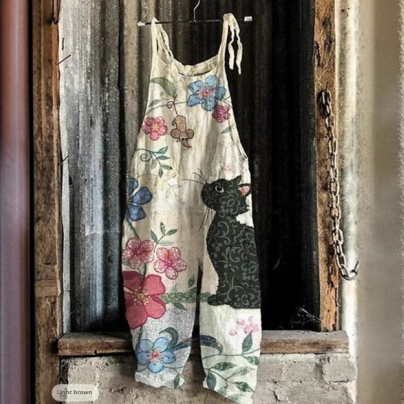 Womens Retro Sleeveless Jumpsuit With Floral Print And Suspender Straps