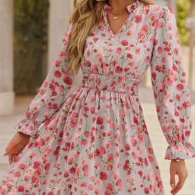 Womens Floral Patchwork Long Sleeve Dress