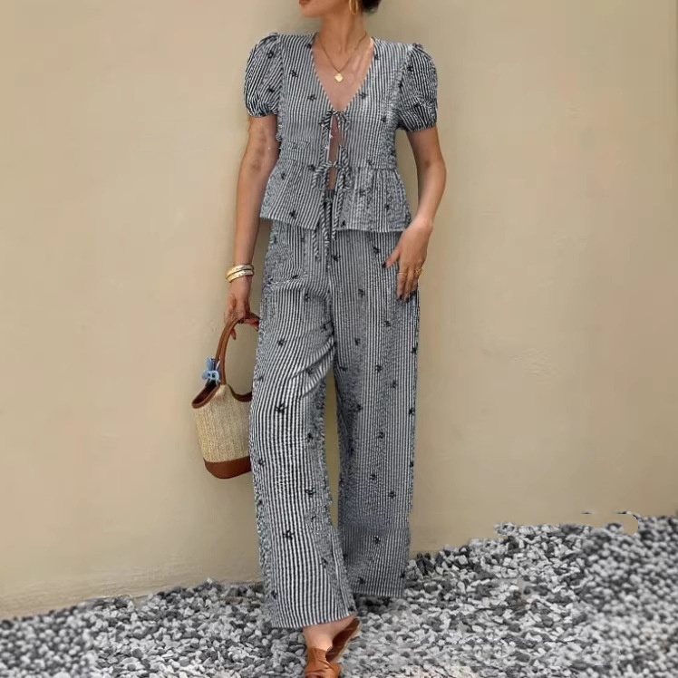 Womens Striped Front-Placket Puff-Sleeve Shirt And Pants Set