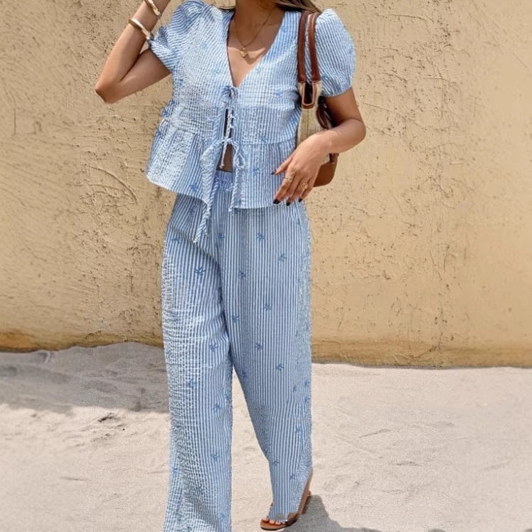 Womens Striped Front-Placket Puff-Sleeve Shirt And Pants Set