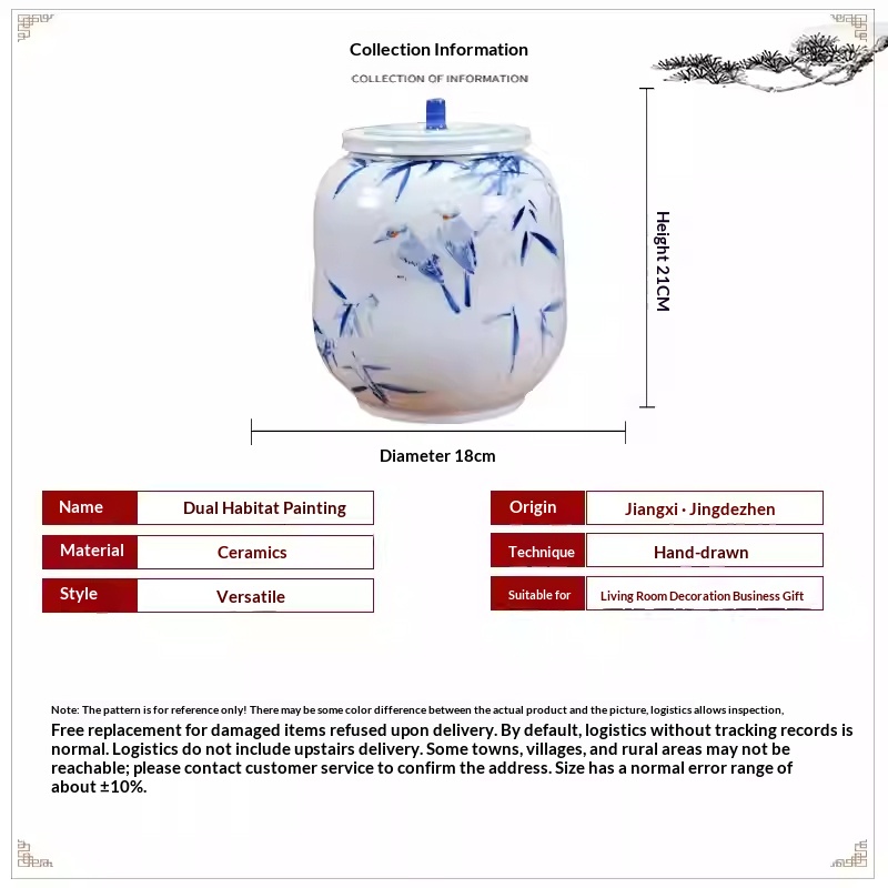 Ceramic Hand-Painted Dual-Scene Blue-and-White Porcelain Airtight Tea Caddy