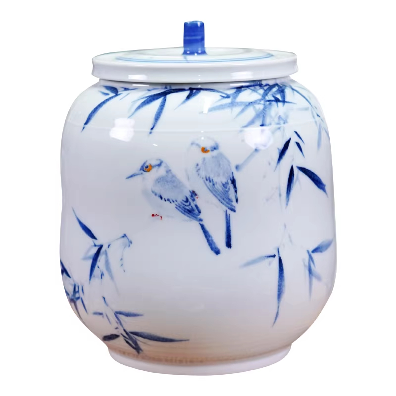 Ceramic Hand-Painted Dual-Scene Blue-and-White Porcelain Airtight Tea Caddy