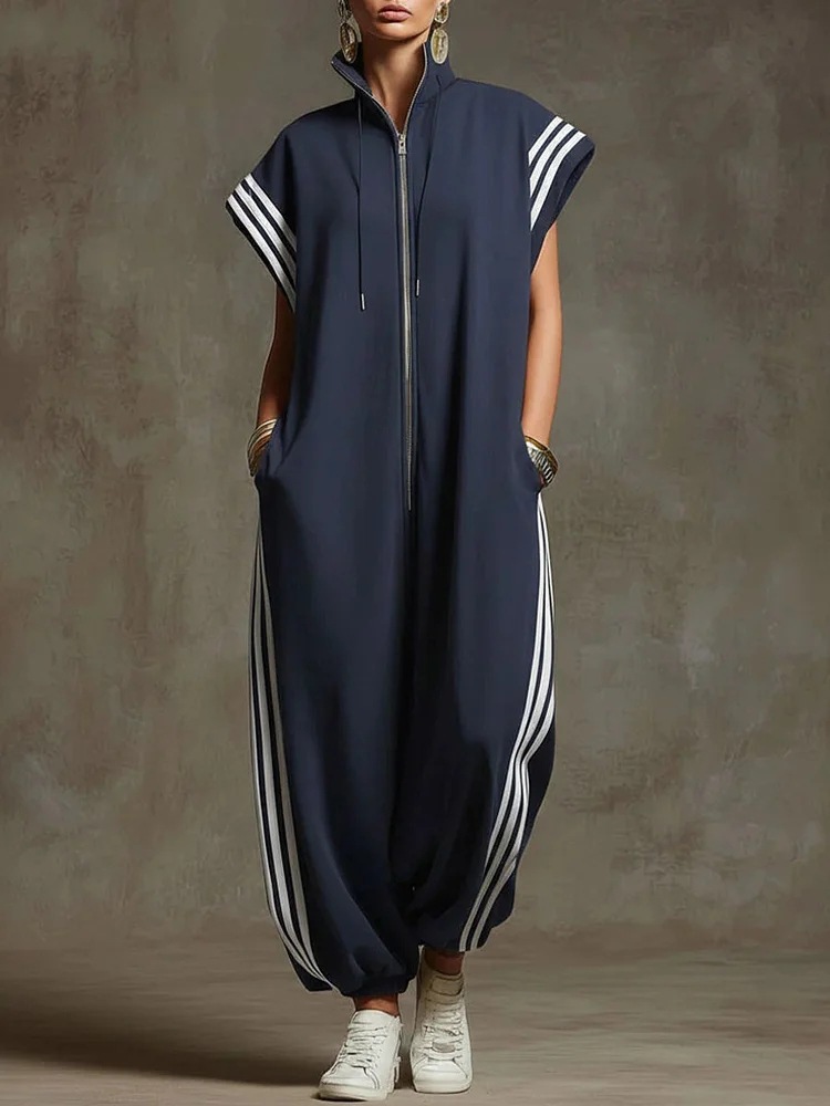 Striped Contrast-Color Jumpsuit With A Zippered Stand Collar