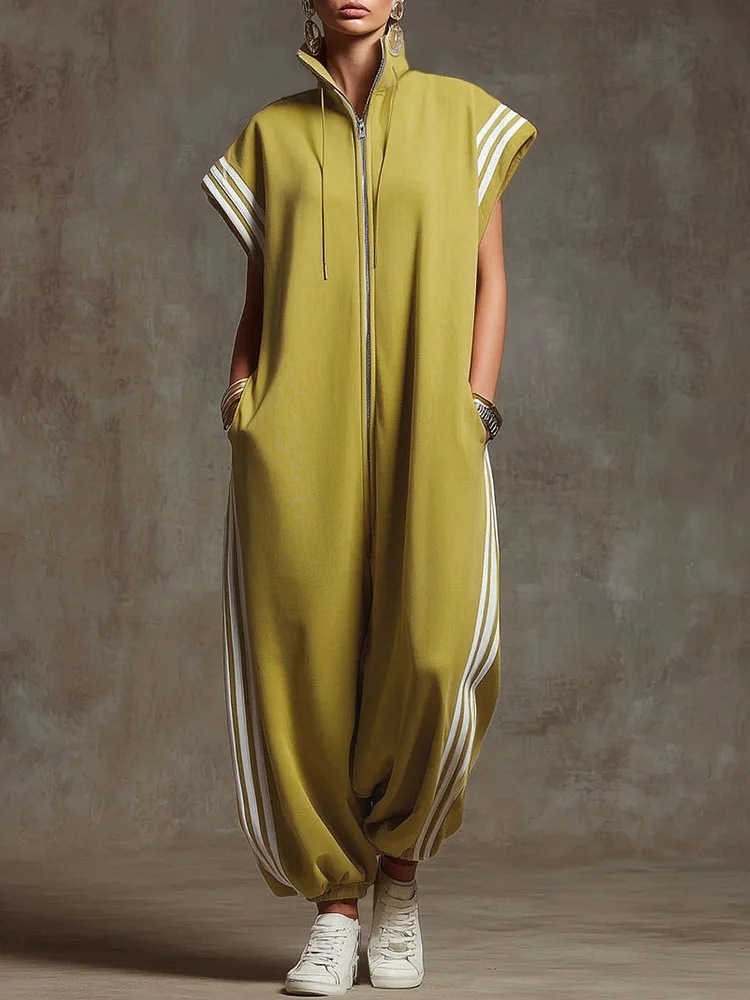 Striped Contrast-Color Jumpsuit With A Zippered Stand Collar
