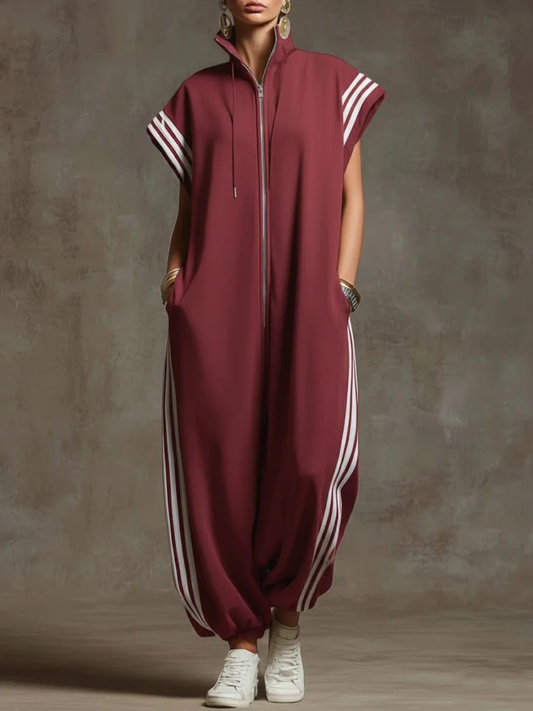 Striped Contrast-Color Jumpsuit With A Zippered Stand Collar