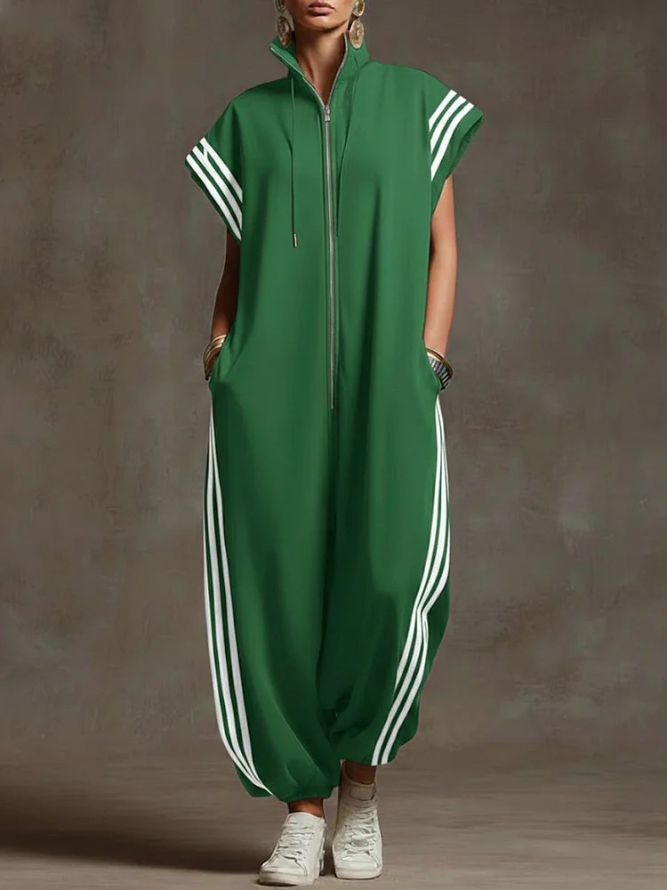 Striped Contrast-Color Jumpsuit With A Zippered Stand Collar