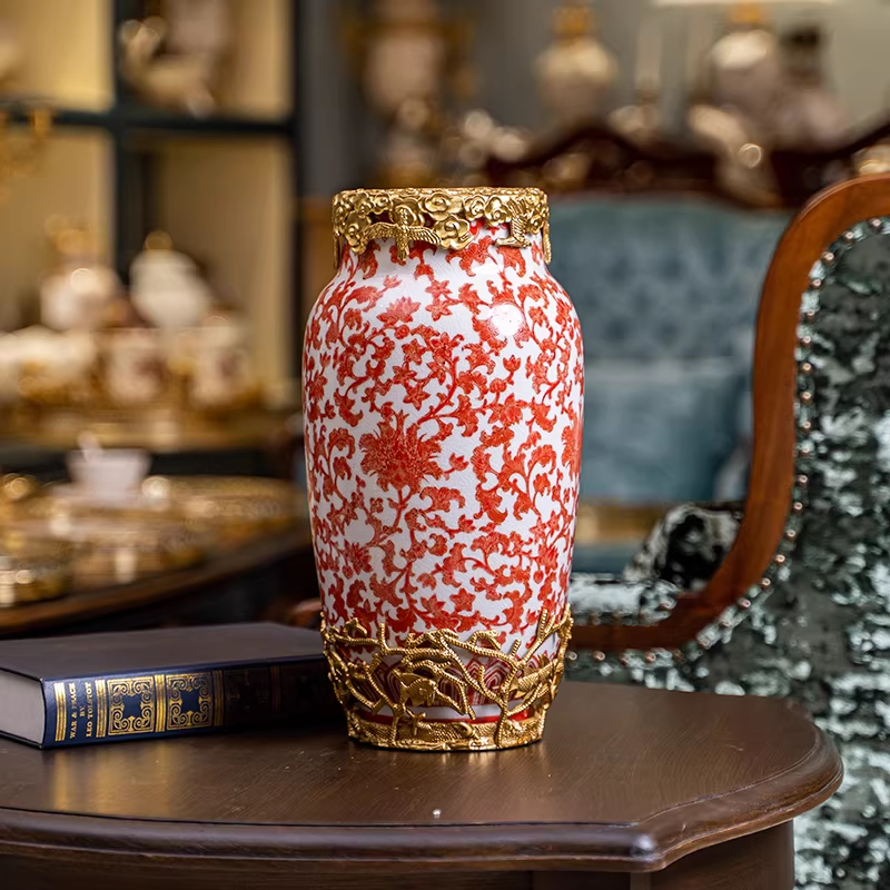 Luxury Yellow Ceramic Flower Vase With Copper Accents For Villa Clubs