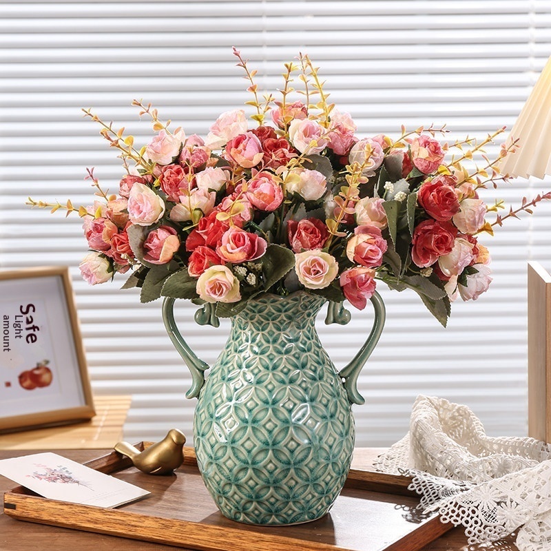 Retro Double-handled Relief Vase, Rose Flower Vessel