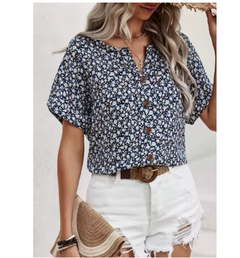 Womens Casual Plant-Print Jacquard Collar Short-Sleeve T-Shirt