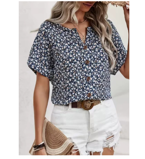 Womens Casual Plant-Print Jacquard Collar Short-Sleeve T-Shirt