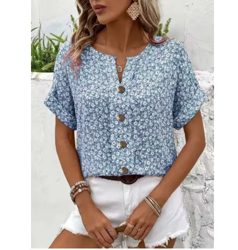 Womens Casual Plant-Print Jacquard Collar Short-Sleeve T-Shirt