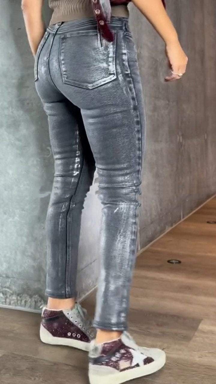 Womens Gold- And Silver-Stamping Stretch Skinny Jeans