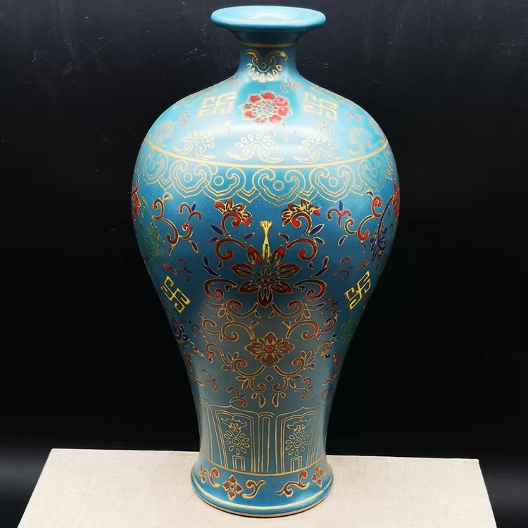 Peacock-Blue Enamel Porcelain Plum Vase With Auspicious Floral Patterns And The Wanshou Longevity Motif