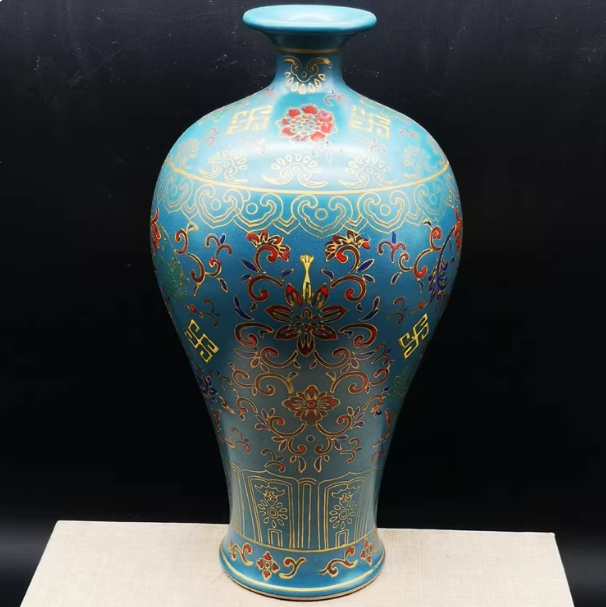 Peacock-Blue Enamel Porcelain Plum Vase With Auspicious Floral Patterns And The Wanshou Longevity Motif