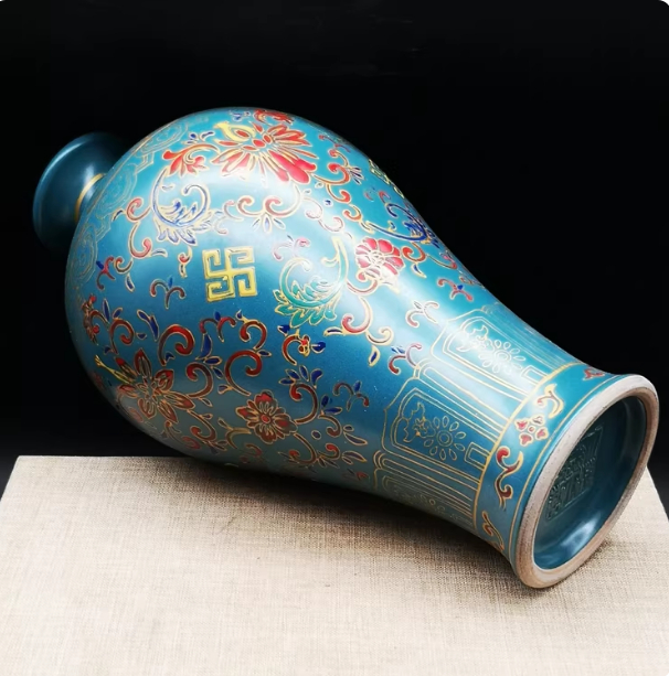 Peacock-Blue Enamel Porcelain Plum Vase With Auspicious Floral Patterns And The Wanshou Longevity Motif