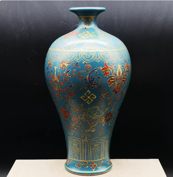Peacock-Blue Enamel Porcelain Plum Vase With Auspicious Floral Patterns And The Wanshou Longevity Motif