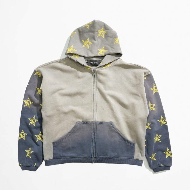 Bullet-hole Star Patchwork Hooded Sweatshirt With A Washed Vintage Finish