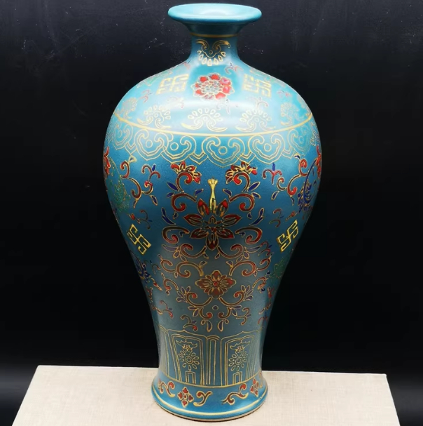 Peacock-Blue Enamel Porcelain Plum Vase With Auspicious Floral Patterns And The Wanshou Longevity Motif