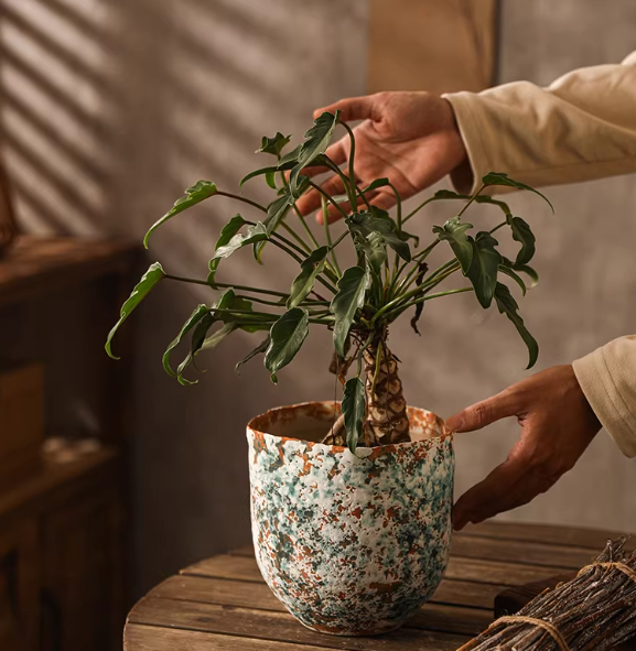 Ceramic Flower Pot In Rustic Wabi-sabi Style With A Wide Openinghandmade Pottery For Plants