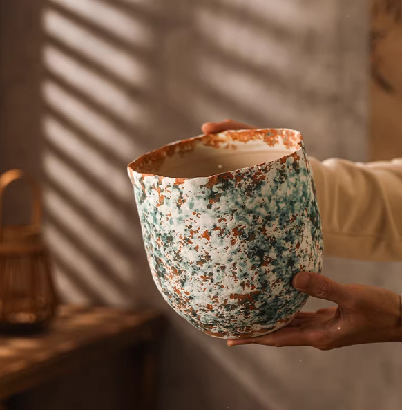 Ceramic Flower Pot In Rustic Wabi-sabi Style With A Wide Openinghandmade Pottery For Plants